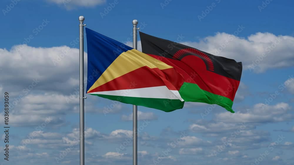 Malawi and Seychelles flags flying together, video concept of the relationship, two country relations concept Malawi and Seychelles flags flying together, video concept of the relationship, two country relations concept