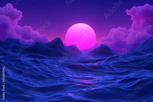 Vibrant Sunset Over Ocean, Dreamy Purple Waves, Tropical Paradise Escape. Generative AI