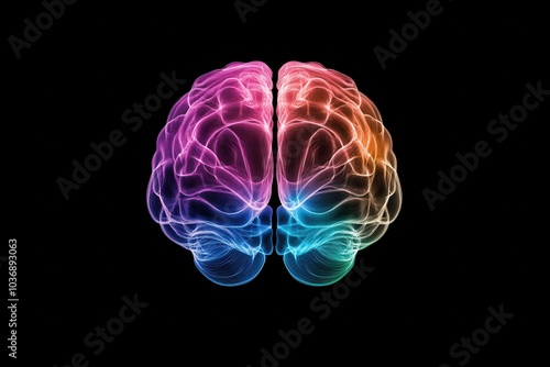anatomical brain emitting waves of colored lines, front view