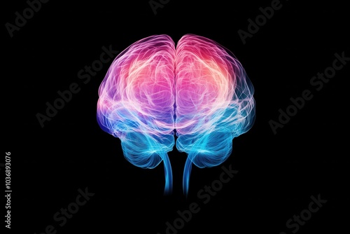 anatomical brain emitting waves of colored lines, front view