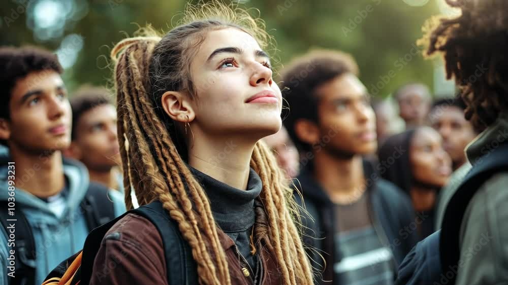 A young woman with dreadlocks looks up at the sky while standing in a crowd of people A young woman with dreadlocks looks up at the sky while standing in a crowd of people