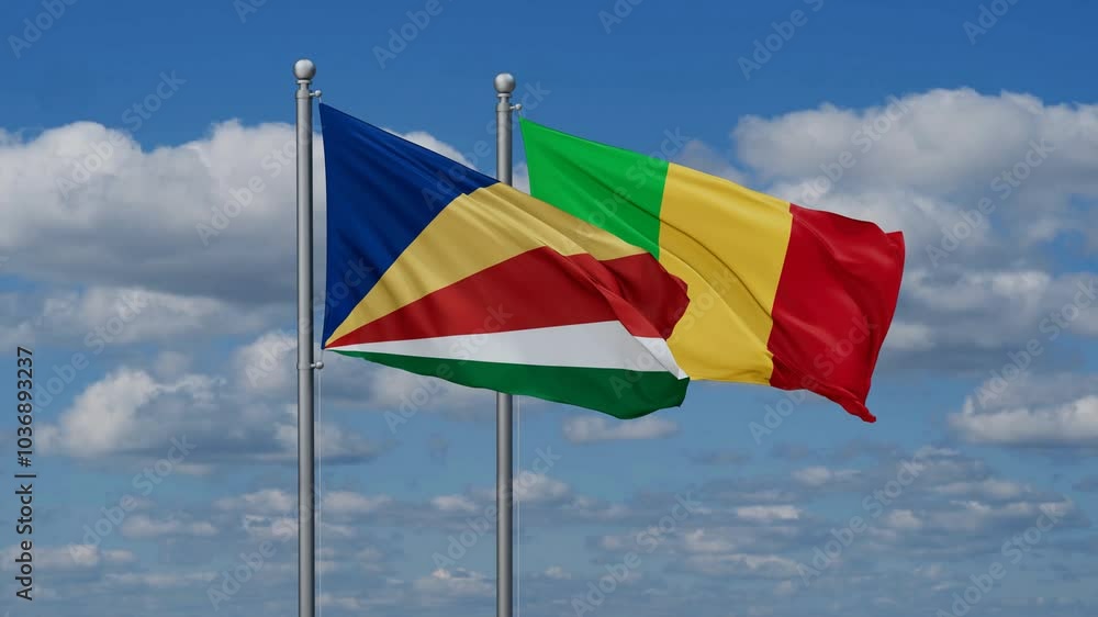 Mali and Seychelles flags waving together, video concept of the relationship, two country relations concept Mali and Seychelles flags waving together, video concept of the relationship, two country relations concept