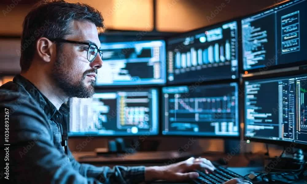 Man in glasses working on multiple monitors with data graphs and charts. Man in glasses working on multiple monitors with data graphs and charts.