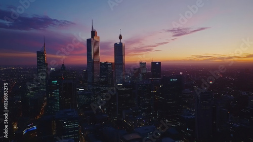 Cinematic shot of big metropolitan city, evening sunset, POV staying on the building roof