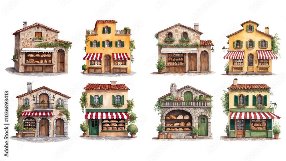 A set of charming, hand-drawn illustrations of rustic European-style each with unique architectural details A set of charming, hand-drawn illustrations of rustic European-style each with unique architectural details
