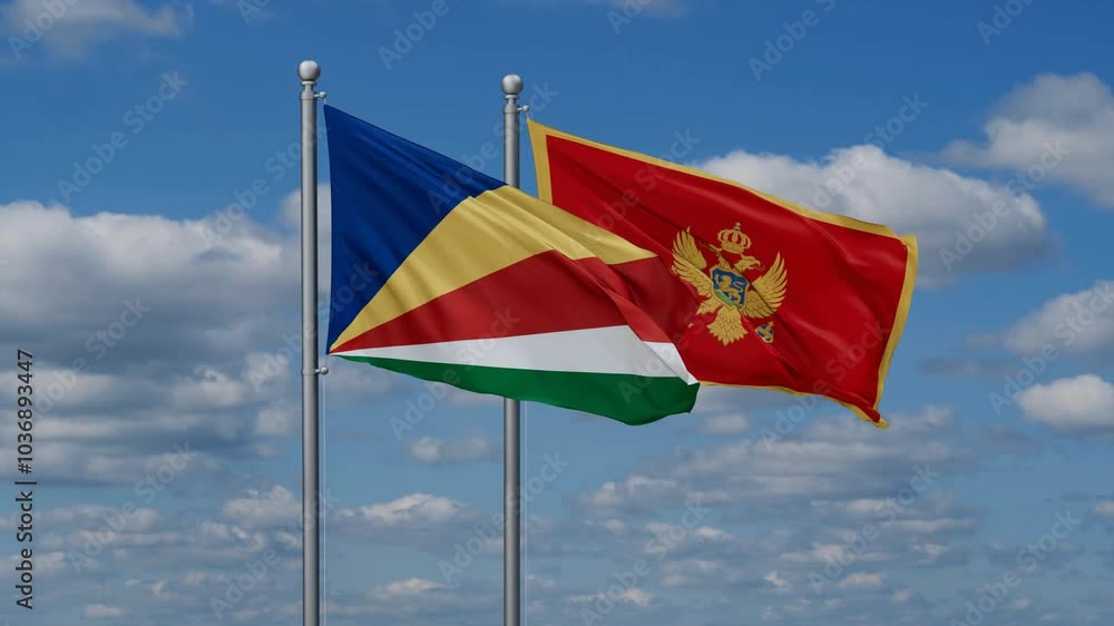 Montenegro and Seychelles flags flying together, video concept of the relationship, two country cooperation concept Montenegro and Seychelles flags flying together, video concept of the relationship, two country cooperation concept