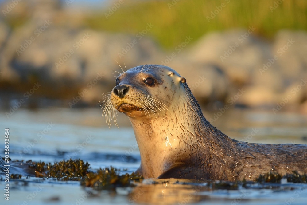 Fototapeta premium A curious otter swimming near coastal rocks on a sunny day in a serene environment