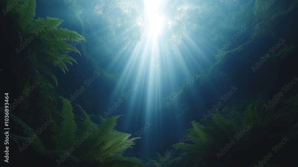 Fototapeta premium Sunlight filtering through lush ferns in a forest.