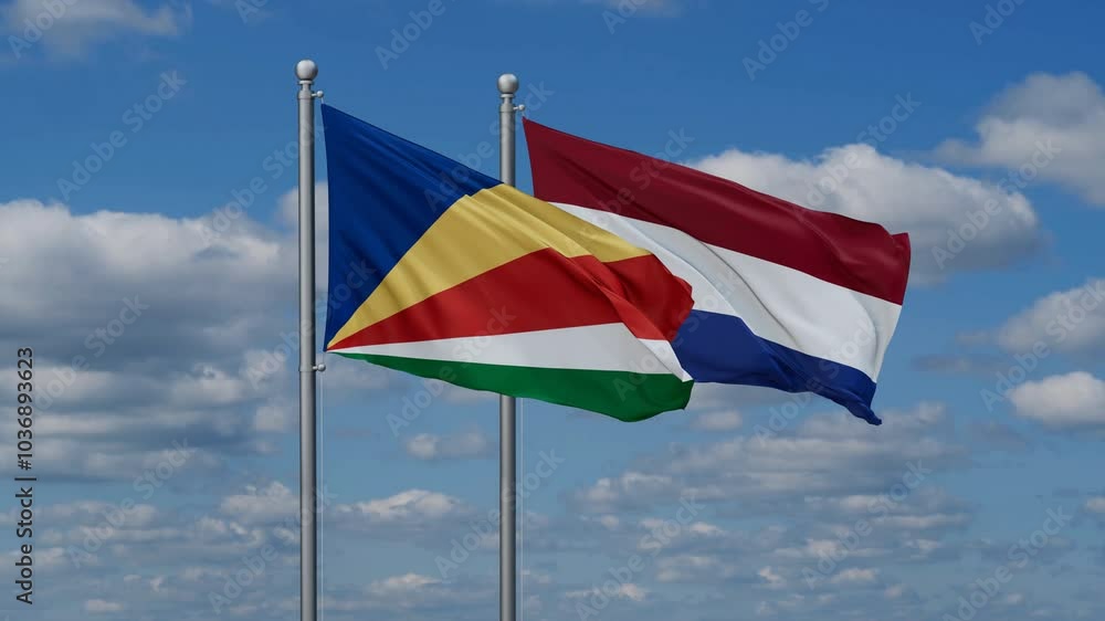 Netherlands and Seychelles flags flying together, video concept of the relationship, two country relations concept Netherlands and Seychelles flags flying together, video concept of the relationship, two country relations concept