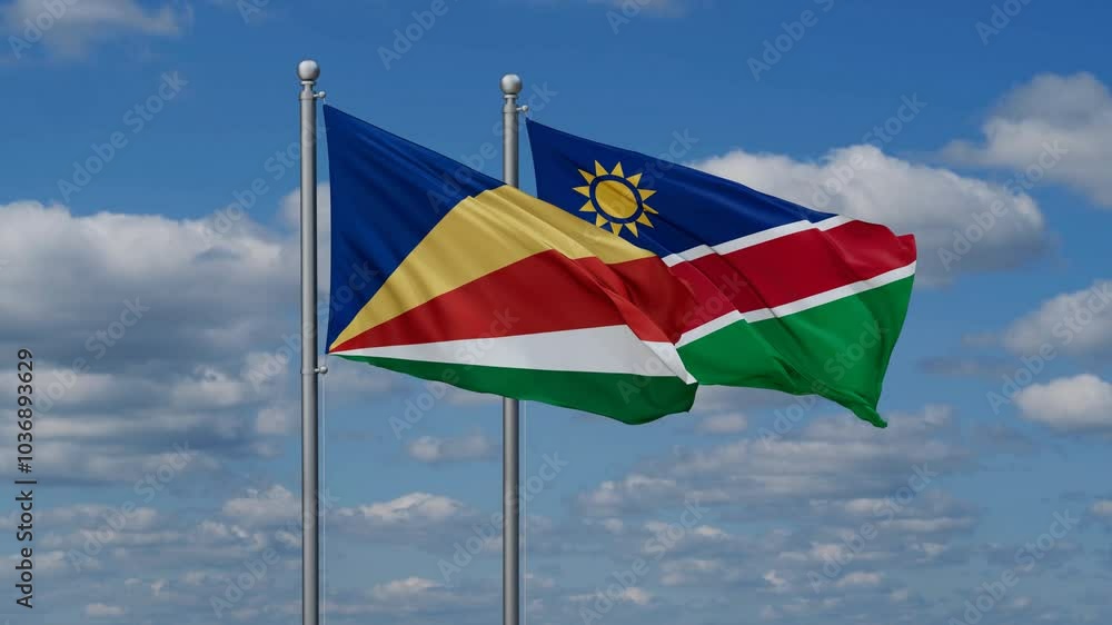 Seychelles and Namibia flags flying together, video concept of the relationship, two country relations concept Seychelles and Namibia flags flying together, video concept of the relationship, two country relations concept