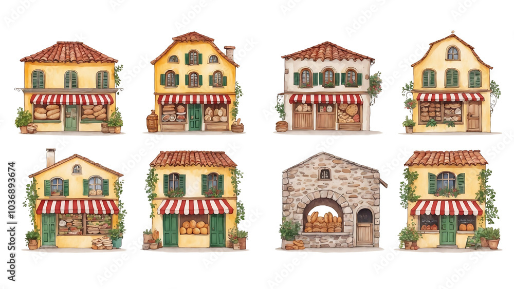 A set of charming, hand-drawn illustrations of rustic European-style each with unique architectural details A set of charming, hand-drawn illustrations of rustic European-style each with unique architectural details