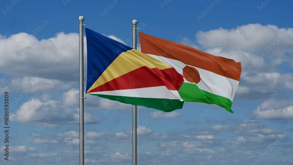 Niger and Seychelles flags flying together, video concept of the relationship, two country relations concept Niger and Seychelles flags flying together, video concept of the relationship, two country relations concept