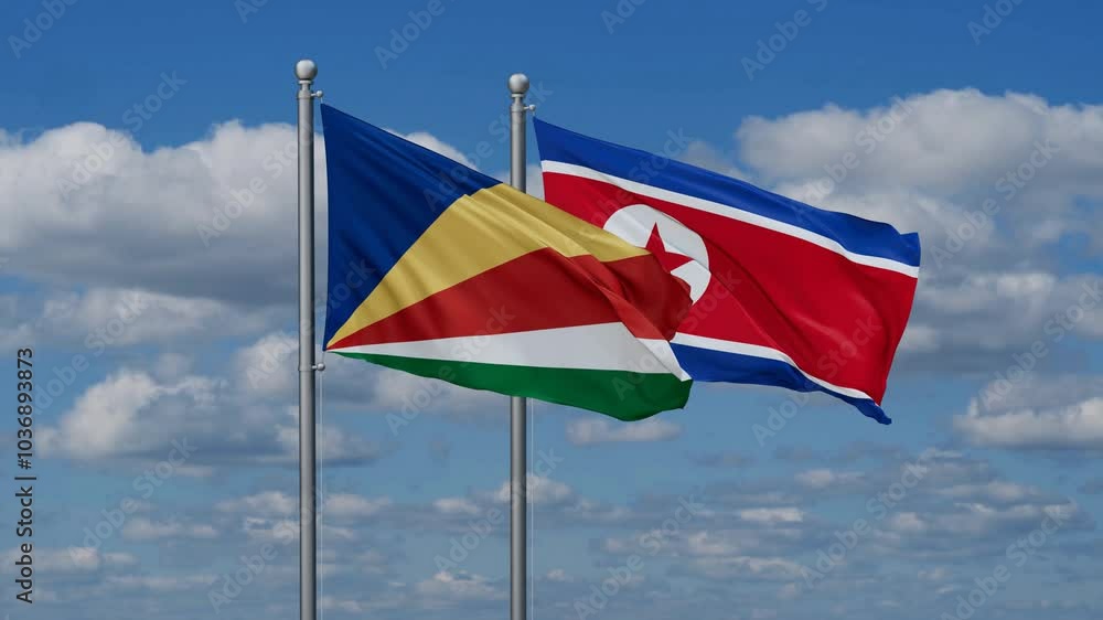 North Korea and Seychelles flags flying together, video concept of the relationship North Korea and Seychelles flags flying together, video concept of the relationship