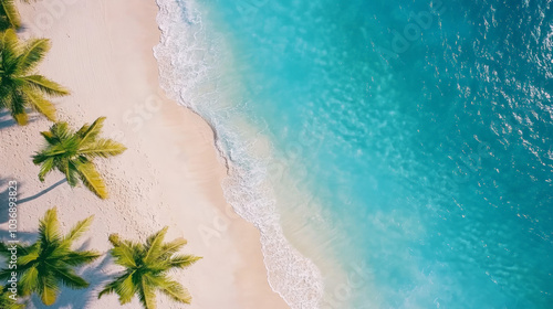 Beautiful aerial view of the white sandy beach and turquoise ocean waves