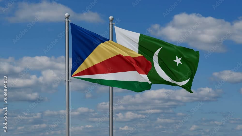 Pakistan and Seychelles flags flying together, video concept of the relationship, two country relations concept Pakistan and Seychelles flags flying together, video concept of the relationship, two country relations concept