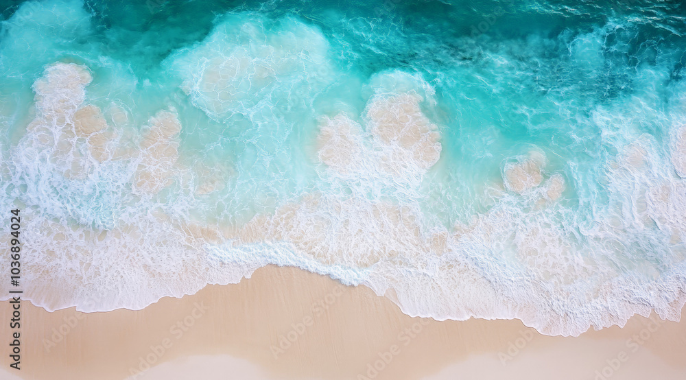 Fototapeta premium Beautiful aerial view of the white sandy beach and turquoise ocean waves