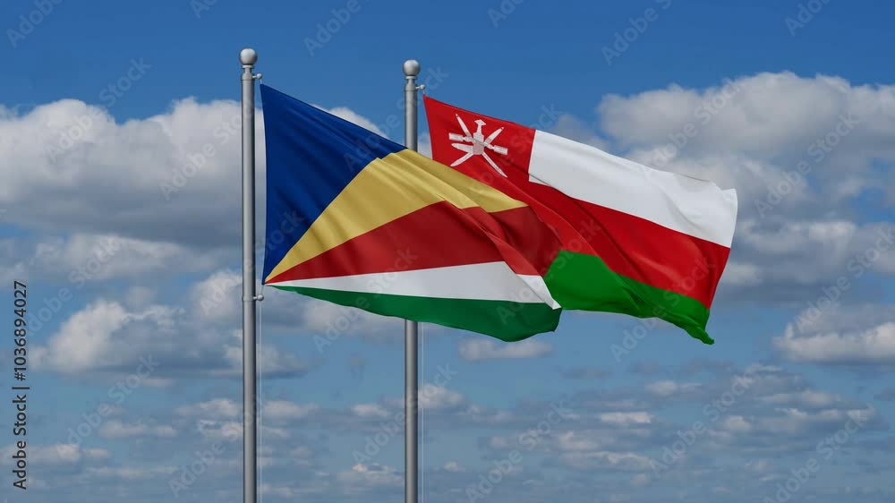 Oman and Seychelles flags flying together, video concept of the relationship, two country cooperation concept Oman and Seychelles flags flying together, video concept of the relationship, two country cooperation concept