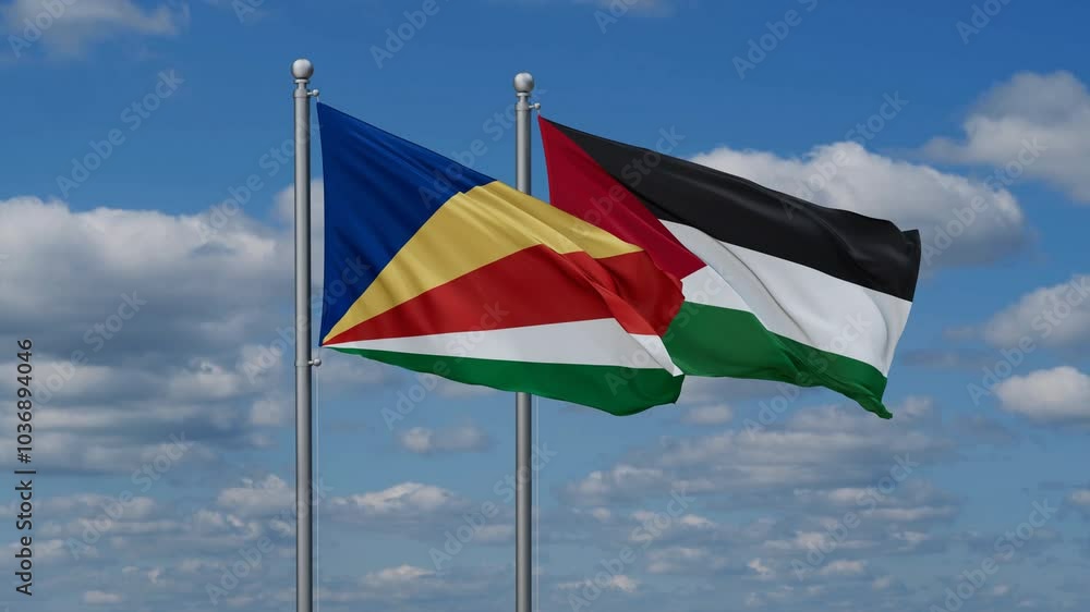 Palestine and Gaza Strip and Seychelles two flags waving together on blue , video concept of the relationship Palestine and Gaza Strip and Seychelles two flags waving together on blue , video concept of the relationship