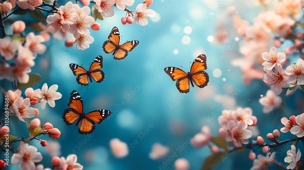 Lovely spring blossoms petals scattered gracefully turquoise blue background butterflies adding touch of charm to the vibrant spring nature frame Perfect for a fresh springtime concept with text space Lovely spring blossoms petals scattered gracefully turquoise blue background butterflies adding touch of charm to the vibrant spring nature frame Perfect for a fresh springtime concept with text space