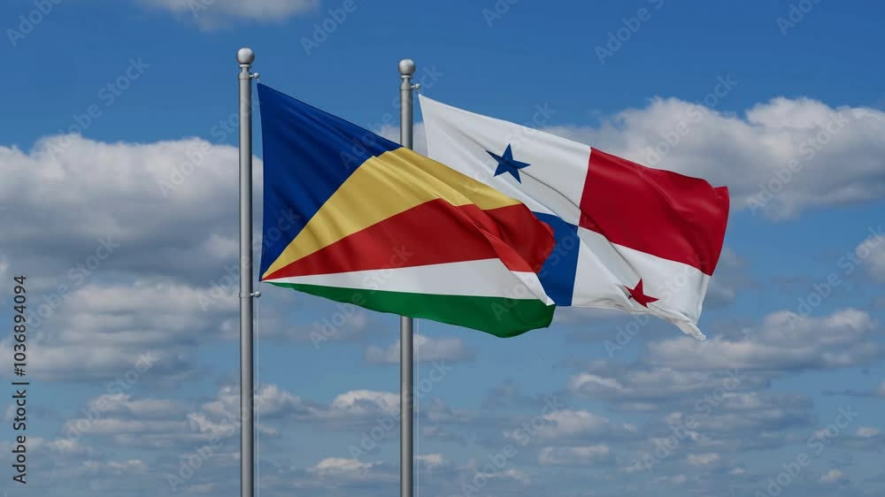 Panama and Seychelles flags flying together, video concept of the relationship, two country relations concept Panama and Seychelles flags flying together, video concept of the relationship, two country relations concept