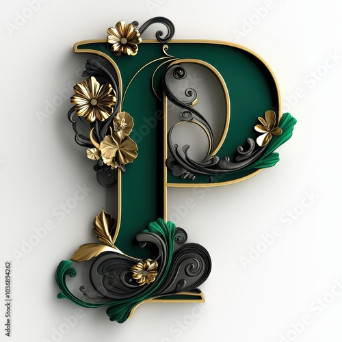 Elegant 3D Letter P with Gold and Emerald Accents photo