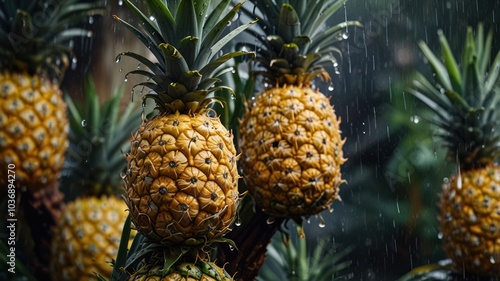 Ripe pineapples on a plant with rain falling on the fruit.