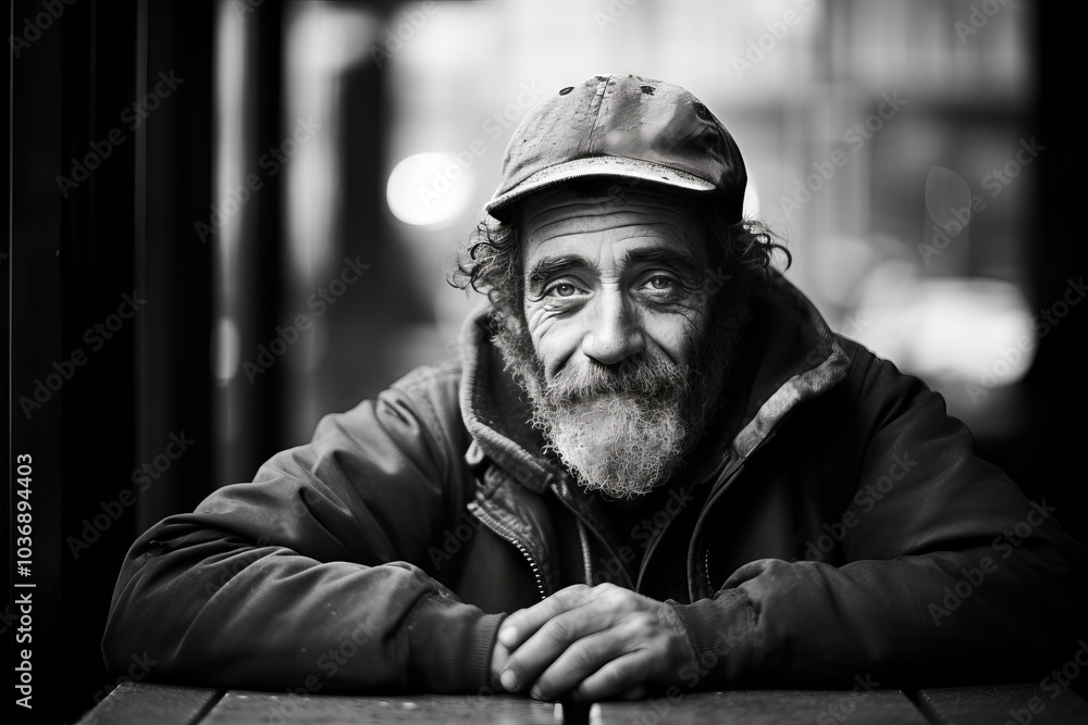 Black and white portrait of a homeless man sitting in a cafe. Black and white portrait of a homeless man sitting in a cafe.