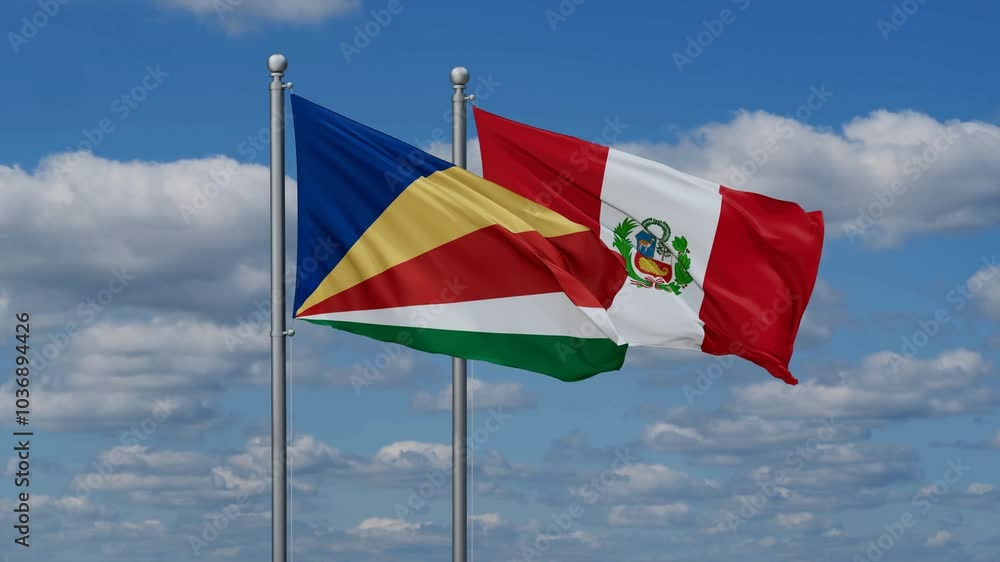 Peru and Seychelles flags flying together, video concept of the relationship, two country cooperation concept Peru and Seychelles flags flying together, video concept of the relationship, two country cooperation concept