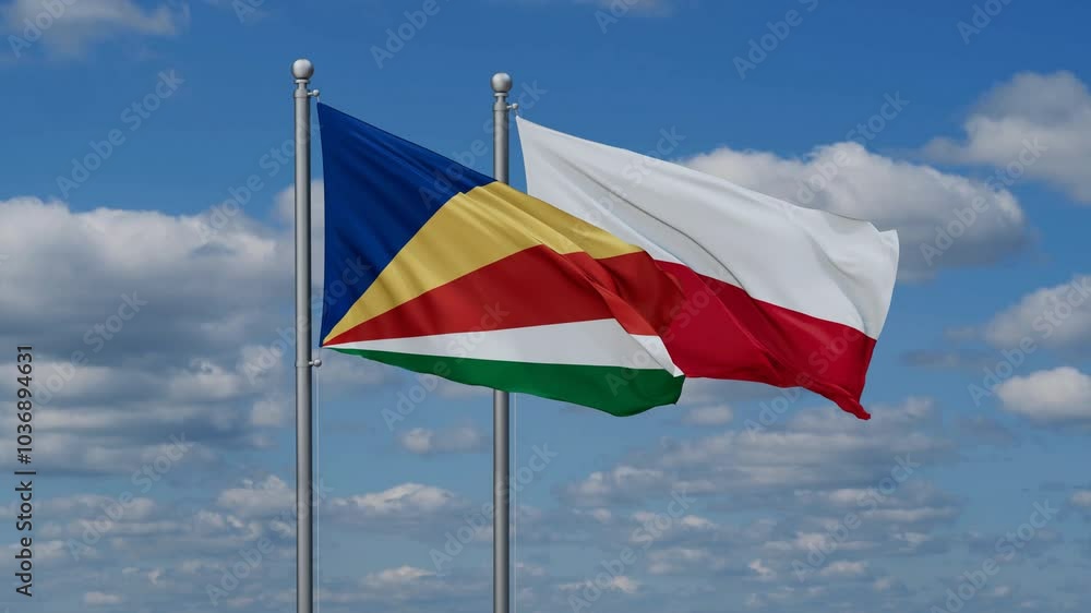 Poland and Seychelles flags flying together, video concept of the relationship, two country cooperation concept Poland and Seychelles flags flying together, video concept of the relationship, two country cooperation concept