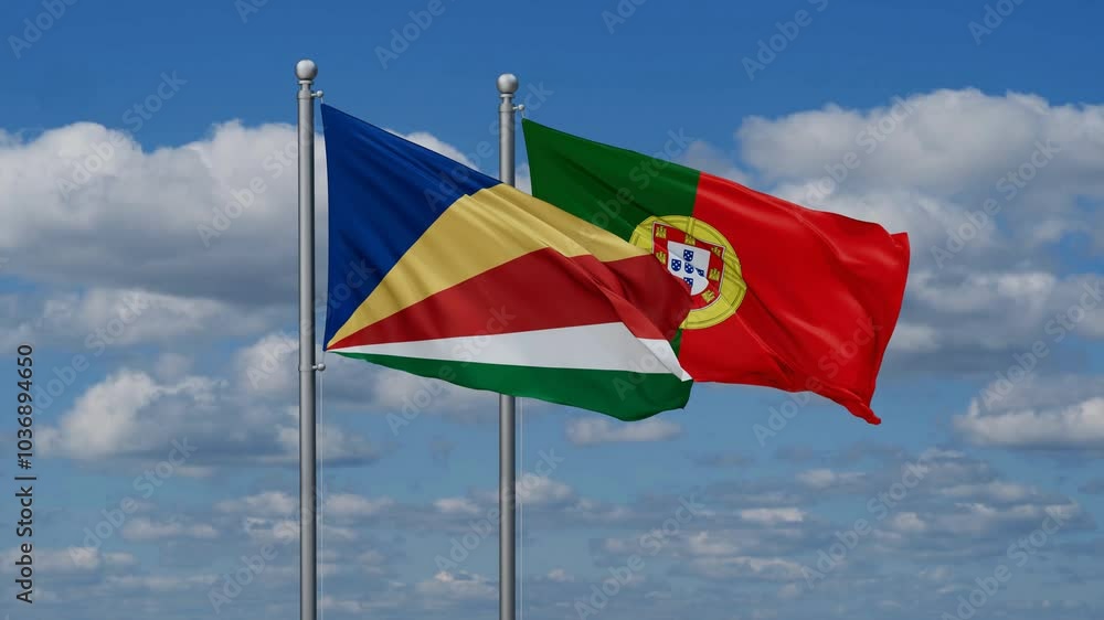 Portugal and Seychelles flags flying together, video concept of the relationship, two country cooperation concept Portugal and Seychelles flags flying together, video concept of the relationship, two country cooperation concept