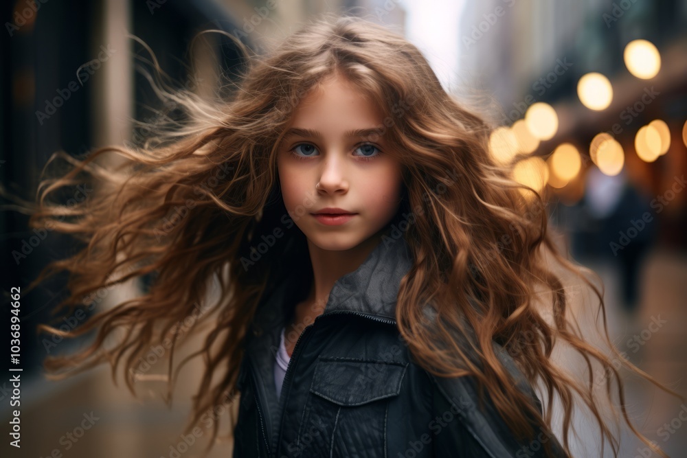 Portrait of a beautiful girl with flying hair in the city. Portrait of a beautiful girl with flying hair in the city.