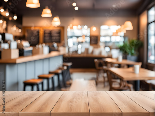 Wooden board empty Table Top And Blur Interior over blur in coffee shop Background, Mock up for display of product.