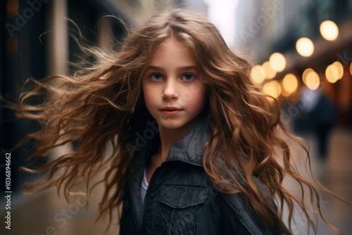 Portrait of a beautiful girl with flying hair in the city.