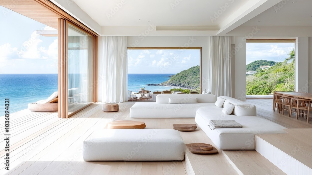 Naklejka premium A minimalist living space with a white sofa, natural wood floors, and soft grey accents, framed by large windows that provide a sweeping view of the ocean.