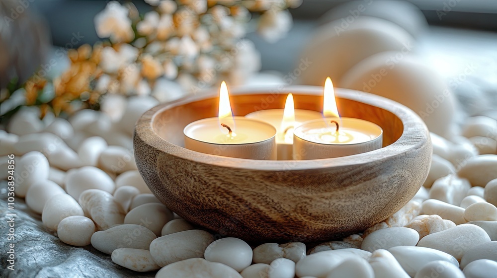 A tranquil and contemplative ambiance is created by a wooden bowl with three lit candles encircled by smooth white stones. A tranquil and contemplative ambiance is created by a wooden bowl with three lit candles encircled by smooth white stones.