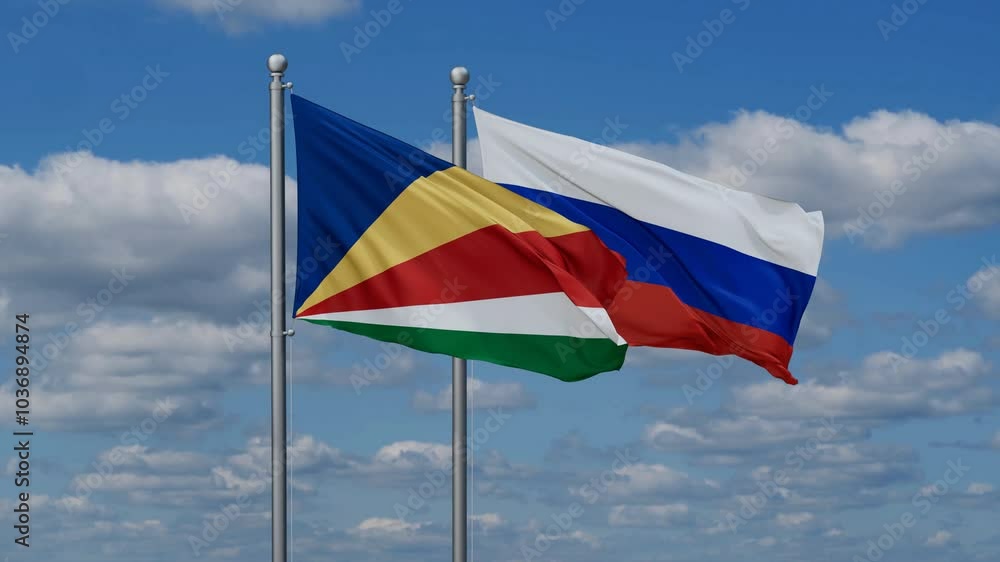 Russian Federation and Seychelles flags flying together, video concept of the relationship Russian Federation and Seychelles flags flying together, video concept of the relationship