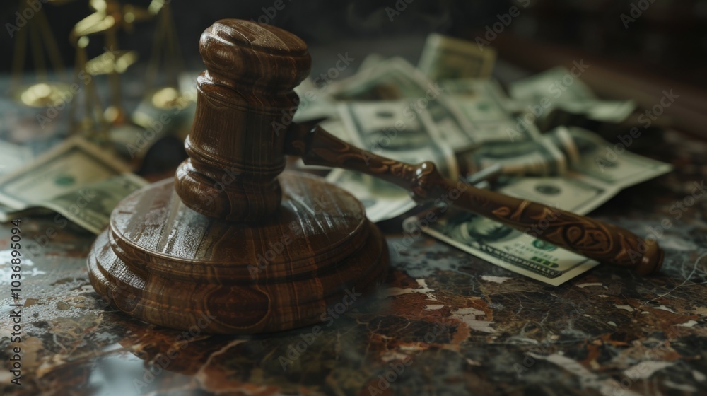 Court Gavel With Money, concept penalty bankruptcy Court Gavel With Money, concept penalty bankruptcy