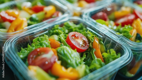 Top view of close-up of multiple healthy vegetable salad lunch boxes in plastic. A great choice for diet and take away food