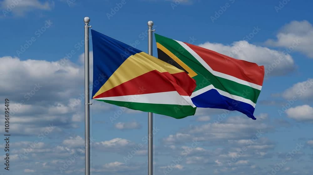 Republic of South Africa and Seychelles flags flying together, video concept of the relationship, two country cooperation concept Republic of South Africa and Seychelles flags flying together, video concept of the relationship, two country cooperation concept