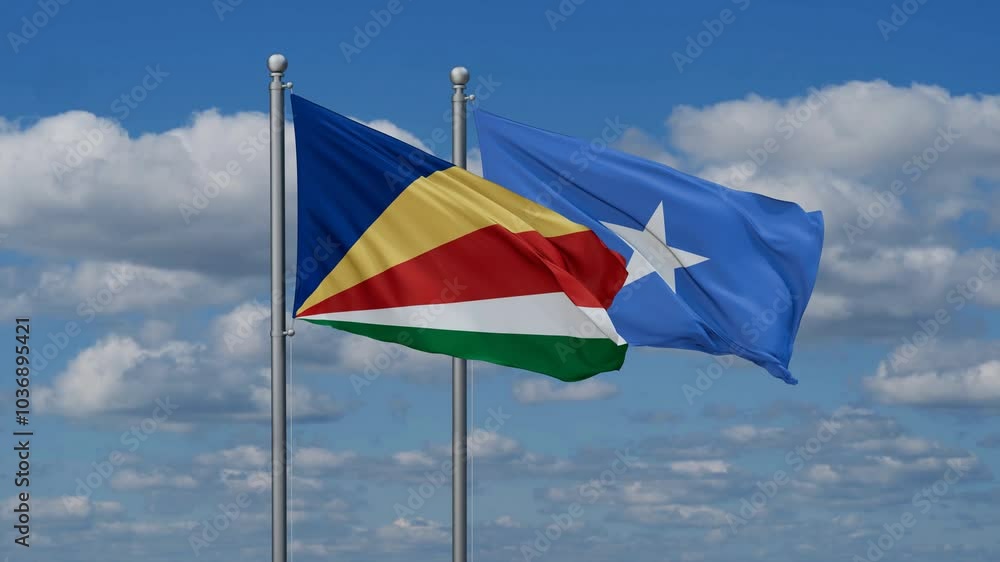 Somalia and Seychelles flags flying together, video concept of the relationship, two country cooperation concept Somalia and Seychelles flags flying together, video concept of the relationship, two country cooperation concept