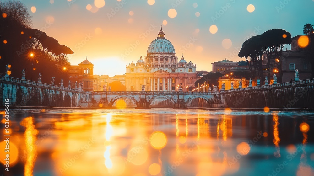 Fototapeta premium Sunset view of a grand architectural landmark.