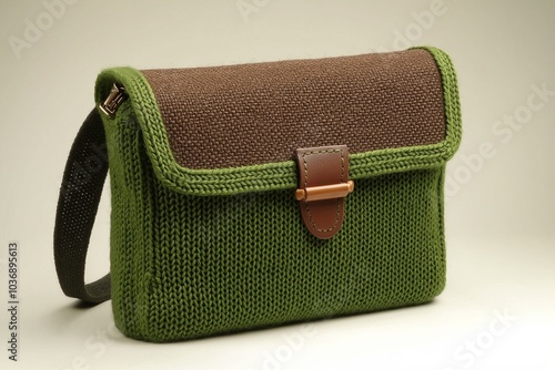 A green and brown knit sling bag with a textured flap and leather closure, combining a rustic aesthetic with practical design, perfect for casual outings or everyday use photo