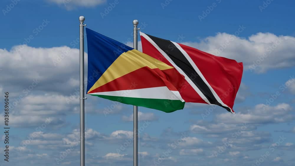 Trinidad and Tobago and Seychelles flags flying together, video concept of the relationship, two country cooperation concept Trinidad and Tobago and Seychelles flags flying together, video concept of the relationship, two country cooperation concept