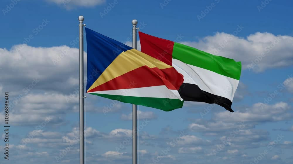 United Arab Emirates and Seychelles flags flying together, video concept of the relationship, two country cooperation concept United Arab Emirates and Seychelles flags flying together, video concept of the relationship, two country cooperation concept