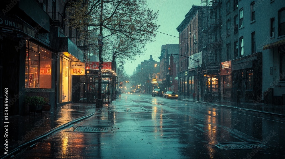 Naklejka premium A moody shot of a rainy New York street in the early morning, with wet sidewalks, closed storefronts, and soft, diffused light coming through the clouds.