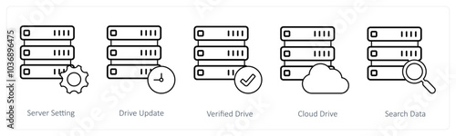 A set of 5 mix icons as server setting, drive update, verified drive