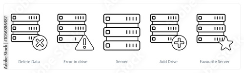 A set of 5 mix icons as delete data, error in drive, server