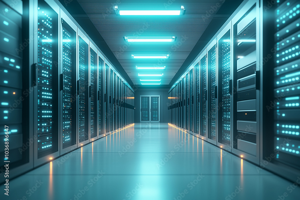 Cutting-edge server room with glowing indicator lights and modern technology Cutting-edge server room with glowing indicator lights and modern technology