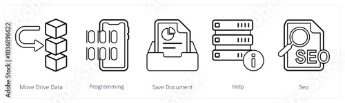 A set of 5 mix icons as move drive data, programming, save document
