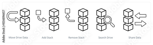 A set of 5 mix icons as move drive data, add stack, remove stack